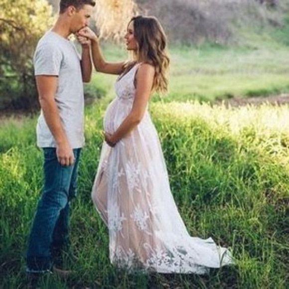 Elegant White Maternity bridesmaid Dress vneck photoshoot wedding gown long - Picture 4 of 5